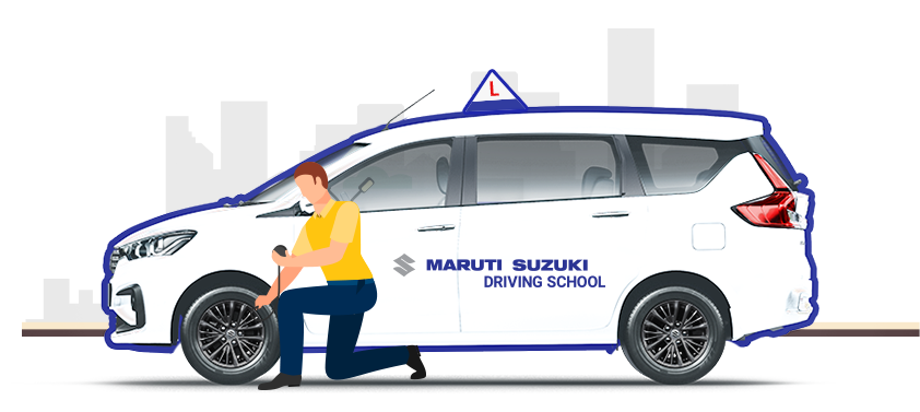 Trainer checking tyre of Maruti Suzuki Driving School car